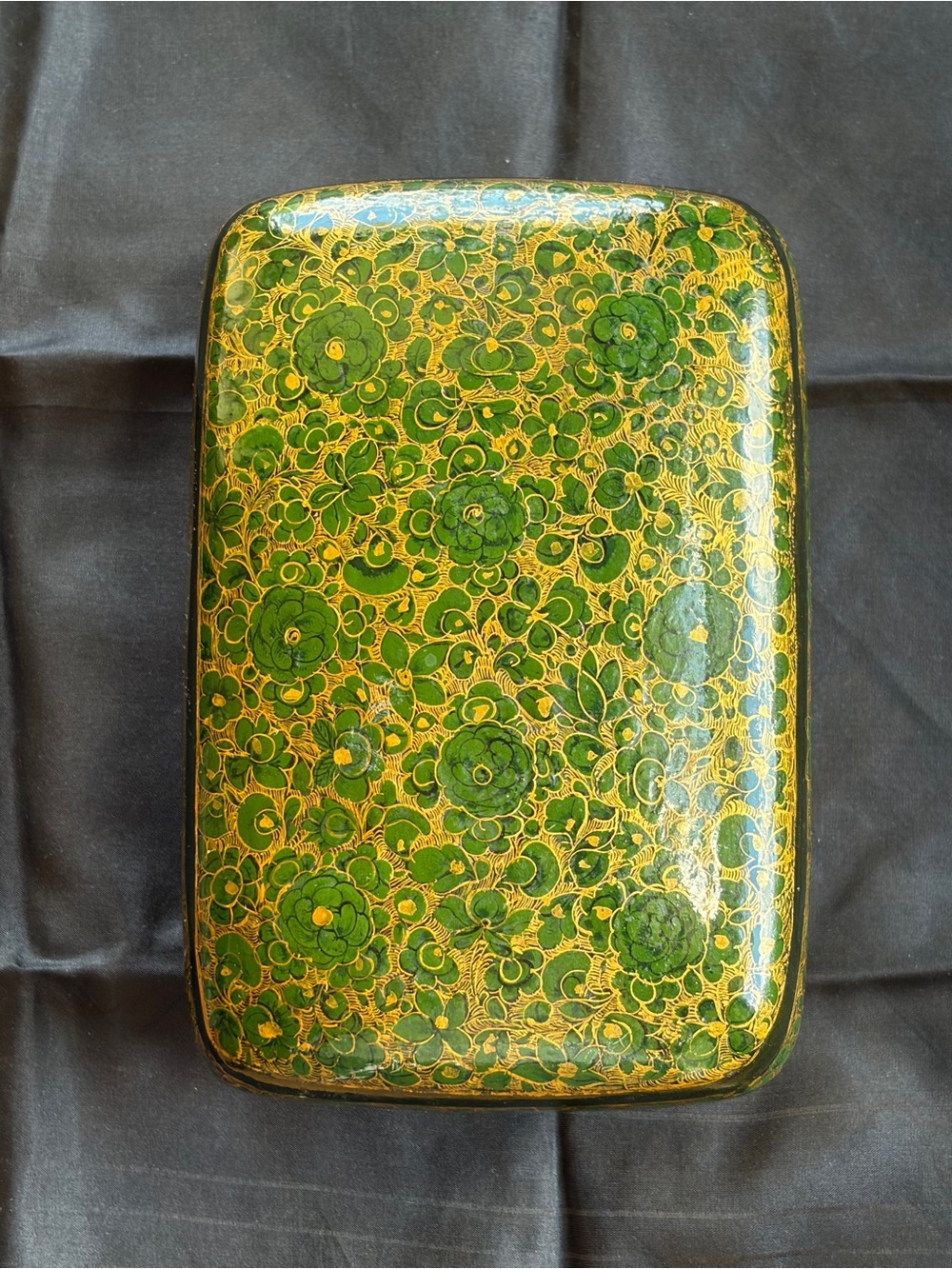 Vintage Green Gold Lacquer Floral Trinket Box Keepsake Jewelry Storage Decor - Picture 2 of 7